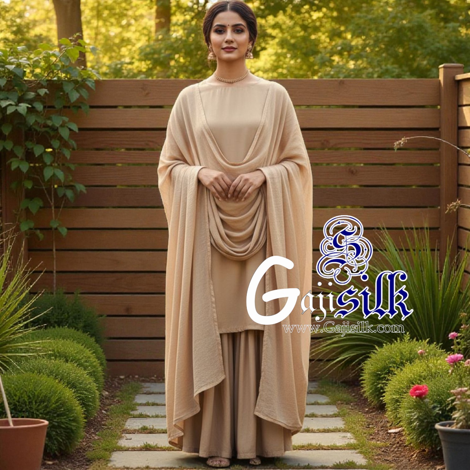 Beige Plain Sharara Gaji Silk - Image 3