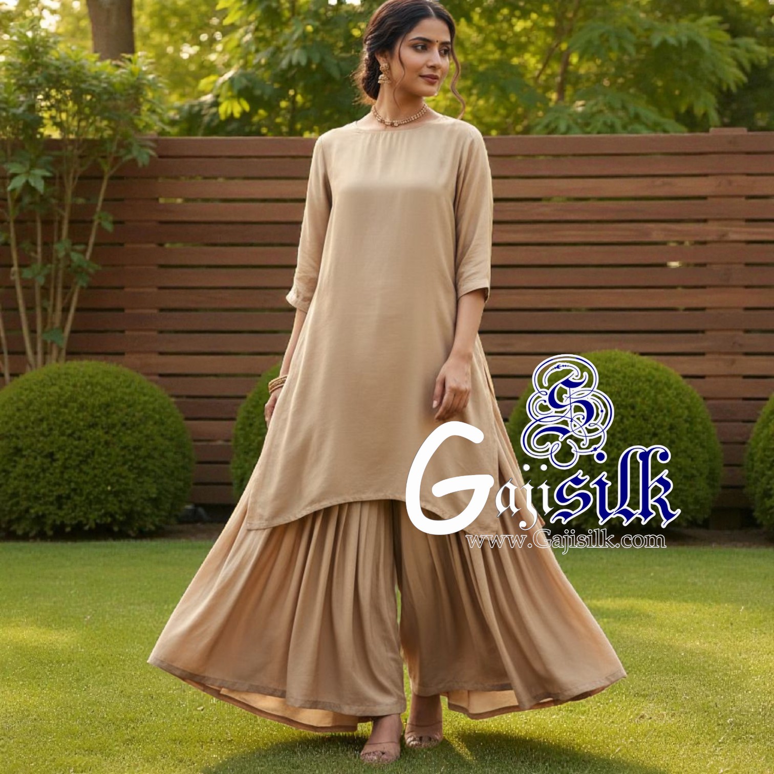 Beige Plain Sharara Gaji Silk - Image 4