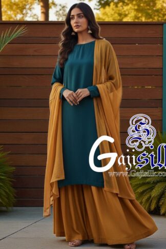 Teal Blue Mustered Yellow Plain Sharara Gaji Silk
