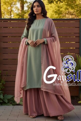 Saga Green Dusty Rose Plain Sharara Gaji Silk