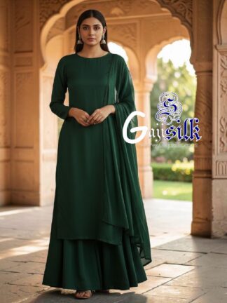 Green Plain Kurta Sharara Set with Dupatta Gaji Silk