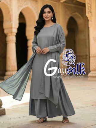 Grey Plain Kurta Sharara Set with Dupatta Gaji Silk