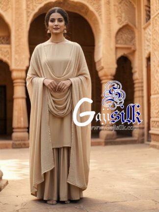 Beige Plain Kurta Sharara Set with Dupatta Gaji Silk