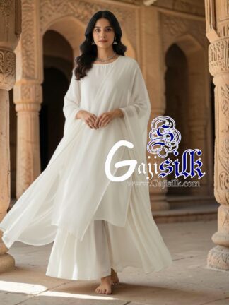 White Plain Kurta Sharara Set with Dupatta Gaji Silk