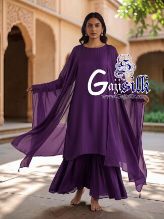 Purple Plain Kurta Sharara Set with Dupatta Gaji Silk