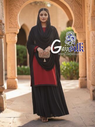Red Black Plain Kurta Sharara Set with Dupatta Gaji Silk
