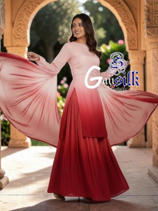 Cream Red Ombre Plain Kurta Sharara Set with Dupatta Gaji Silk