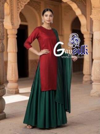 Red Green Plain Kurta Sharara Set with Dupatta Gaji Silk