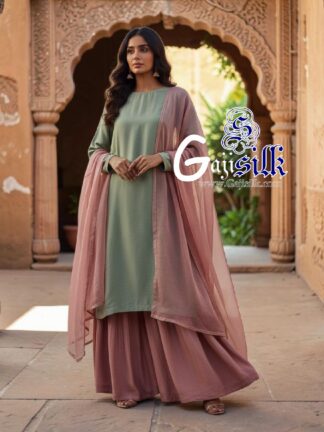 Saga Green Dusty Rose Plain Kurta Sharara Set with Dupatta Gaji Silk