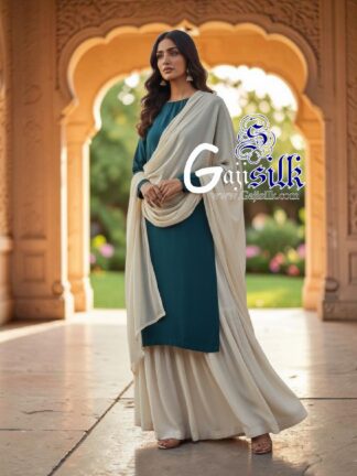 Teal Blue White Plain Kurta Sharara Set with Dupatta Gaji Silk