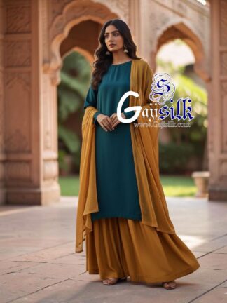 Teal Blue Mustered Yellow Plain Kurta Sharara Set with Dupatta Gaji Silk
