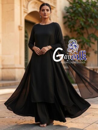 Black Plain Kurta Sharara Set with Dupatta Gaji Silk
