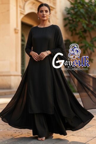 Black Plain Kurta Sharara Set with Dupatta Gaji Silk