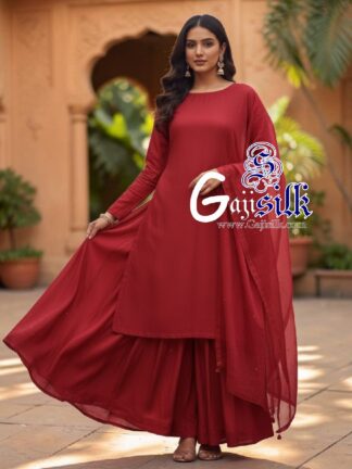 Red Plain Kurta Sharara Set with Dupatta Gaji Silk