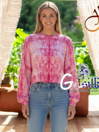 Pink Full Sleeve Gaji Silk Shibori Crop Top