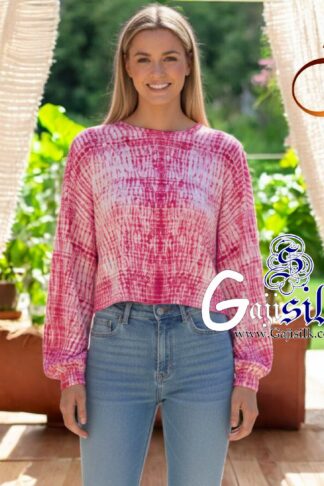 Pink Full Sleeve Gaji Silk Shibori Crop Top