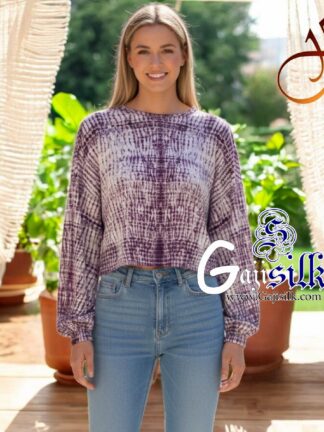 Purple Full Sleeve Gaji Silk Shibori Crop Top