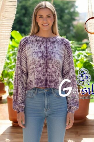 Purple Full Sleeve Gaji Silk Shibori Crop Top