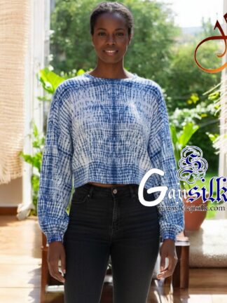 Blue Full Sleeve Gaji Silk Shibori Crop Top