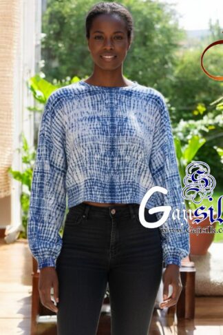 Blue Full Sleeve Gaji Silk Shibori Crop Top