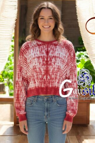 Red Full Sleeve Gaji Silk Shibori Crop Top