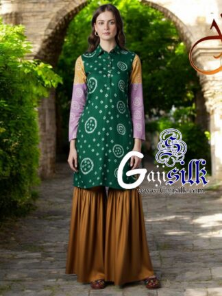 Green Gold Bandhani Jump Suit Gaji Silk