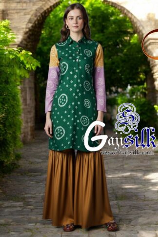 Green Gold Bandhani Jump Suit Gaji Silk