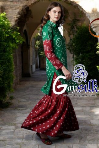 Green Marron Bandhani Jump Suit Gaji Silk