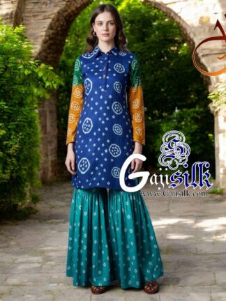 Blue Rama Bandhani Jump Suit Gaji Silk