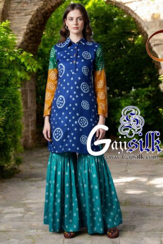 Blue Rama Bandhani Jump Suit Gaji Silk