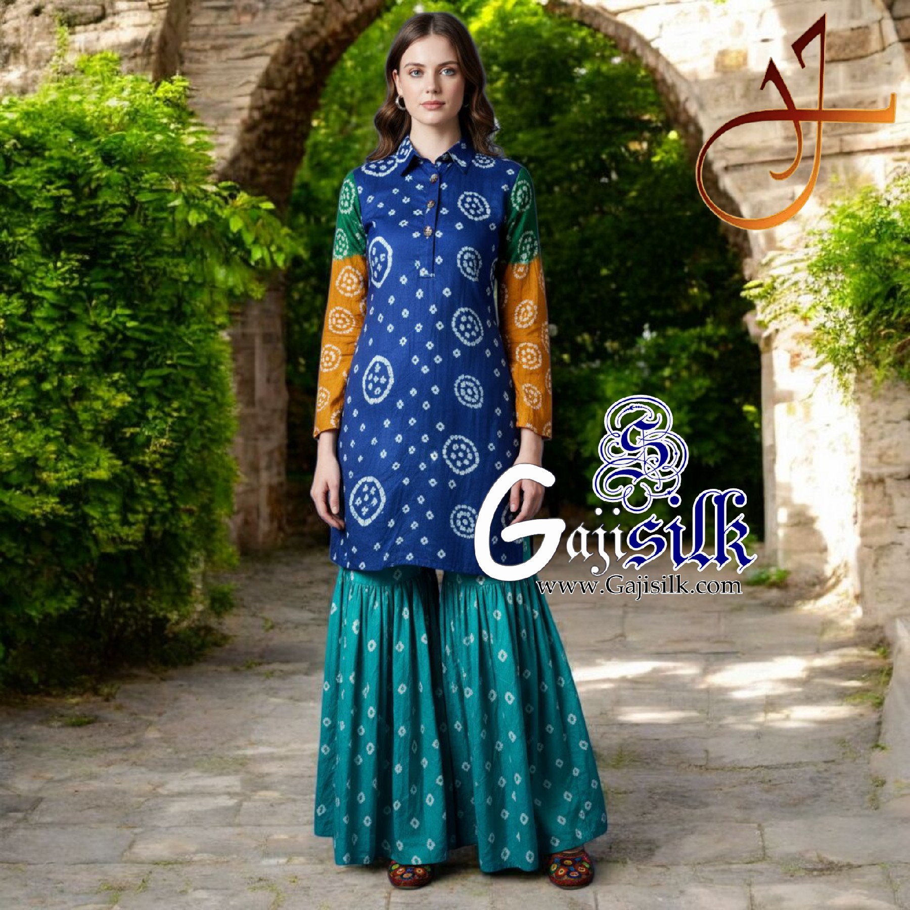 Blue Rama Bandhani Jump Suit Gaji Silk