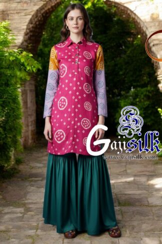Pink Rama Bandhani Jump Suit Gaji Silk