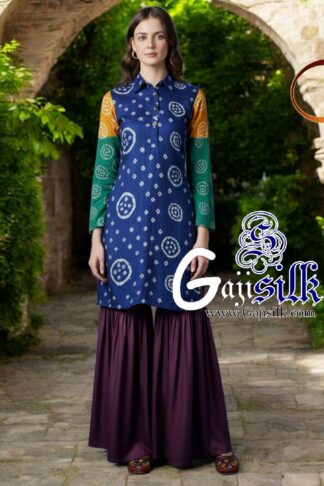 Blue Wine Bandhani Jump Suit Gaji Silk