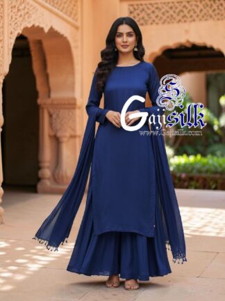 Blue Plain Kurta Sharara Set with Dupatta Gaji Silk