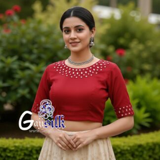 Red Handwork Blouse Kutchi Mirror Work Gaji Silk