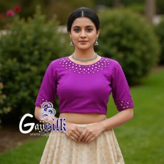 Magenta Handwork Blouse Kutchi Mirror Work Gaji Silk