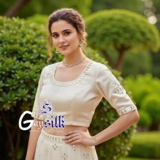 Off White Handwork Blouse Pattern Mirror Work Gaji Silk