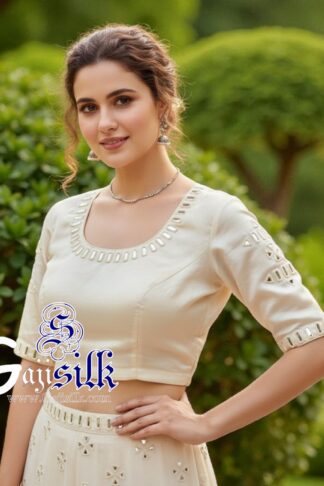 Off White Handwork Blouse Pattern Mirror Work Gaji Silk