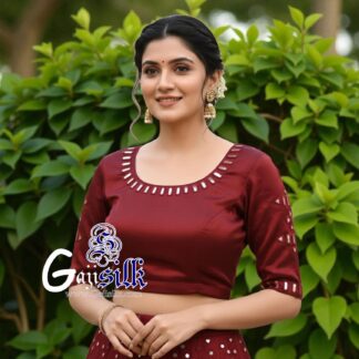 Marron Handwork Blouse Pattern Mirror Work Gaji Silk