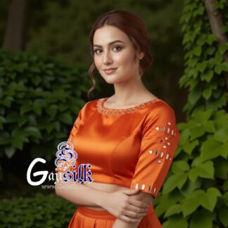 Orange Handwork Blouse Pattern Mirror Work Gaji Silk