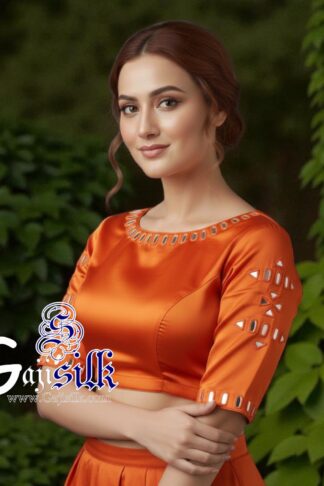 Orange Handwork Blouse Pattern Mirror Work Gaji Silk