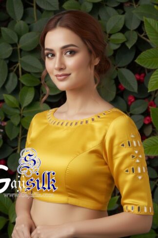 Yellow Handwork Blouse Pattern Mirror Work Gaji Silk