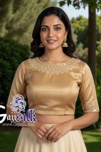 Beige Handwork Blouse Kutchi Mirror Work Gaji Silk