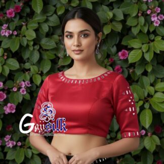 Red Handwork Blouse Pattern Mirror Work Gaji Silk
