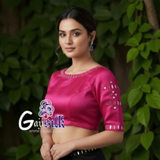 Pink Handwork Blouse Pattern Mirror Work Gaji Silk