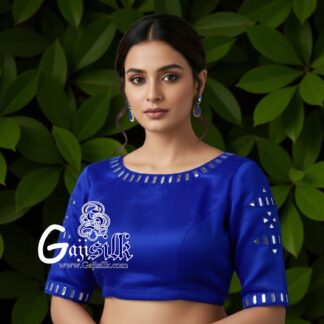 Blue Handwork Blouse Pattern Mirror Work Gaji Silk