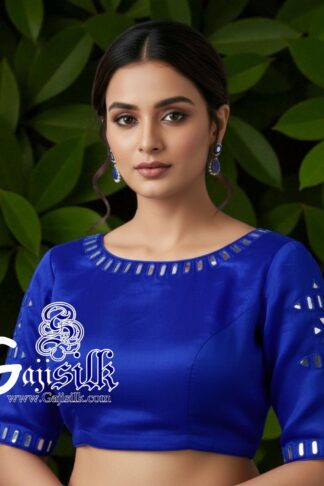 Blue Handwork Blouse Pattern Mirror Work Gaji Silk