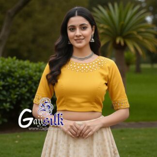 Yellow Handwork Blouse Kutchi Mirror Work Gaji Silk