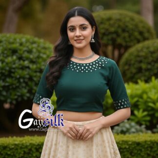 Green Handwork Blouse Kutchi Mirror Work Gaji Silk