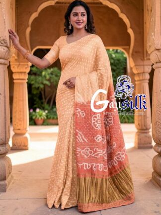 Coral Pitch Rai Dano Bandhani Saree in Pure Gaji Silk